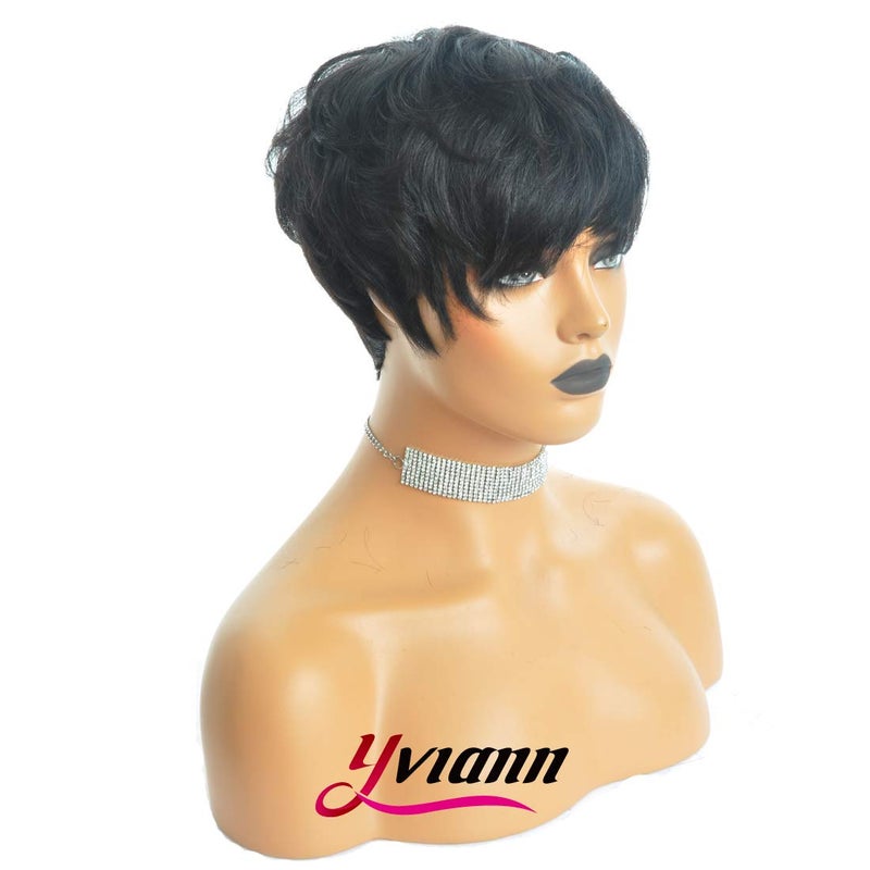 Yviann باروكات شعر يفيان البشرية القصيرة بقصة بيكسي مع غرة، باروكات قصيرة سوداء بطبقات وموجات للنساء بلون 1B - Image 2